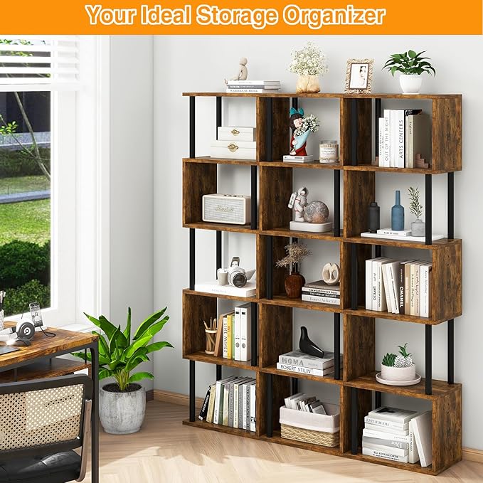 IBUYKE 6-Tier Tall Bookshelf,S-Shaped Geometric Bookcase, Wood Display Shelve...