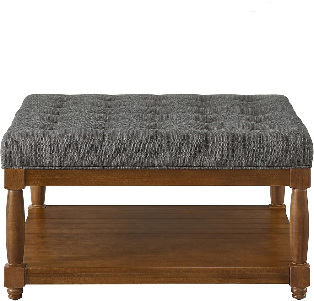 24KF Upholstered Square Coffee Table with Wooden Shelf, Tufted Button Large S...
