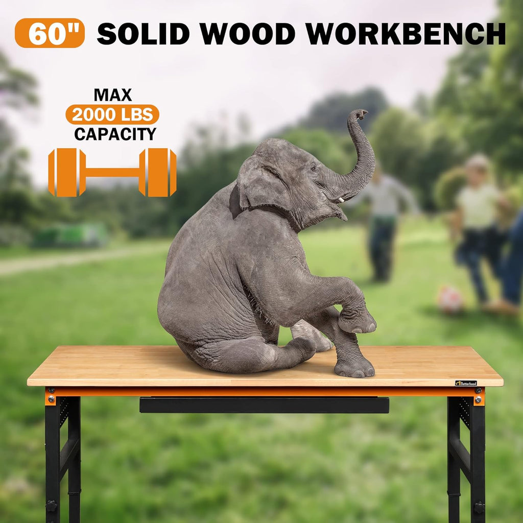 Betterhood 60" Heavy-Duty Adjustable Workbench for Garage, Rubber Wood Shop Table W/Double Pegboards & Drawer,Hardwood Workstation Weight Capacity Over 2000 Lbs
