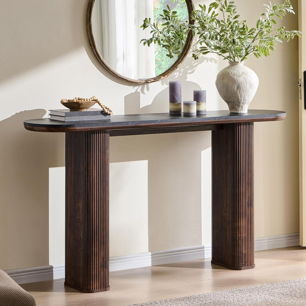 OKD 63 Inch Modern Console Table with Arc Faux Marble Texture Top, Fluted Woo...
