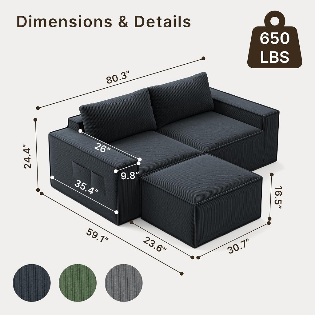 Boneless Cloud Couch, 80" Loveseat Sectional Sofa with Ottoman, Black | Corduroy No Assembly Modular L Shaped Floor Couch for Living Room, Small Space