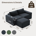 Boneless Cloud Couch, 80" Loveseat Sectional Sofa with Ottoman, Black | Corduroy No Assembly Modular L Shaped Floor Couch for Living Room, Small Space