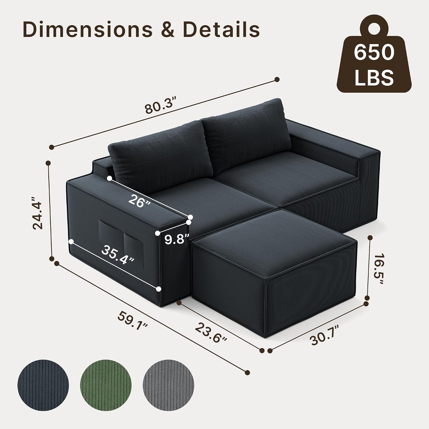 Boneless Cloud Couch, 80" Loveseat Sectional Sofa with Ottoman, Black | Corduroy No Assembly Modular L Shaped Floor Couch for Living Room, Small Space