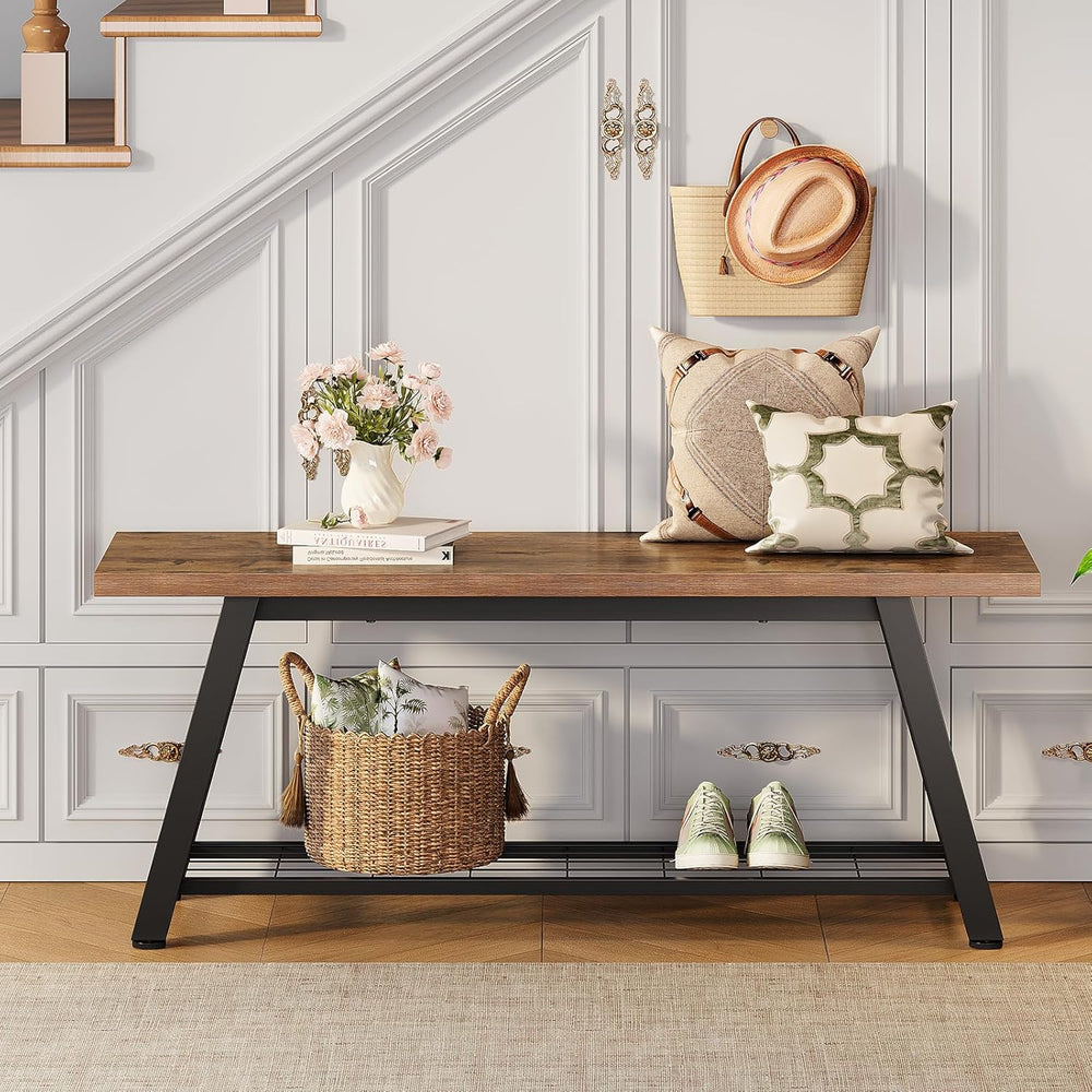 Oastreeful Storage Bench Industrial Rustic Wooden and Metal Entryway Shoe Boo...