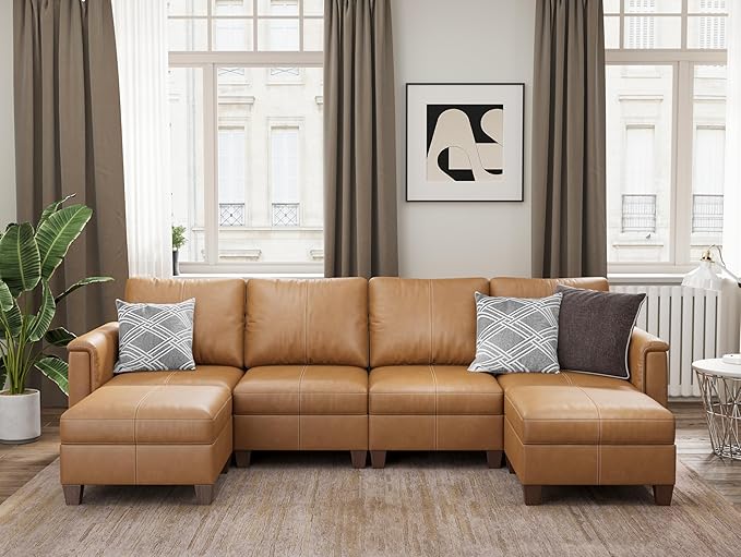 SITJOY 118" Faux Leather Modular Sectional Sofa with Storage, Mid Century Modern Sectional Couches for Living Room, Soft Padded Armrests, 4 Seater U-Shaped Couch with Ottoman, Brown