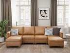 SITJOY 118" Faux Leather Modular Sectional Sofa with Storage, Mid Century Modern Sectional Couches for Living Room, Soft Padded Armrests, 4 Seater U-Shaped Couch with Ottoman, Brown
