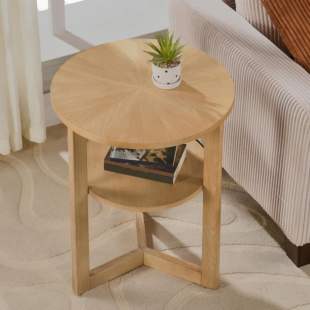 Round End Table, Rustic Side Tables with Storage Shelf, Classic Circular Soli...
