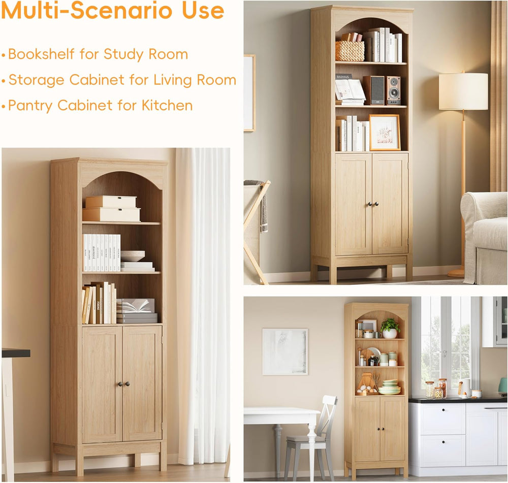 Arched Bookshelf,3 Tier Tall Bookcase with Adjustable Shelves and Cabinet