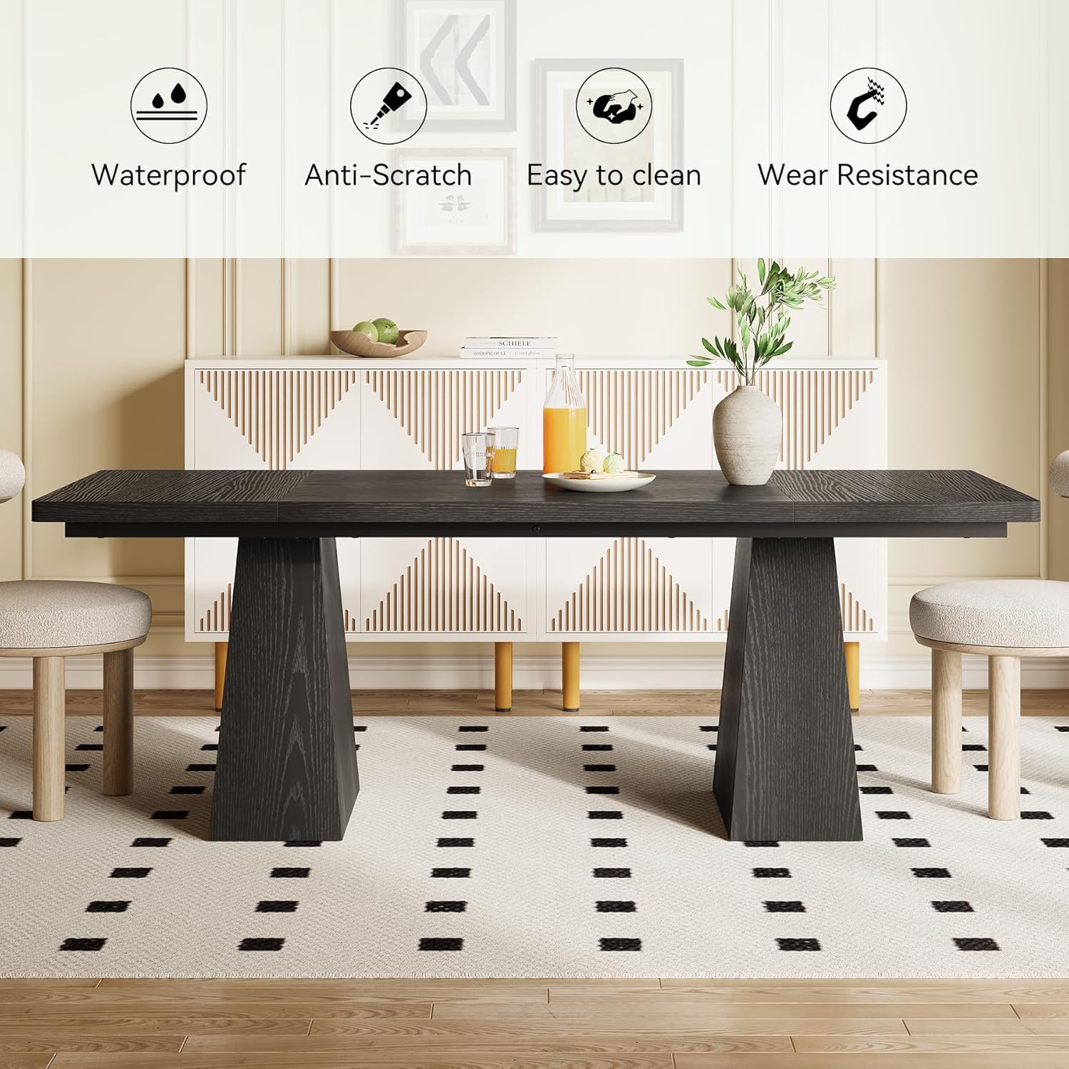 LITTLE TREE Dining Table for 4-6 People, Wooden Table, Rectangle Furniture with Heavy Duty Legs, Modern Kitchen Table for Home, Dining Room, Black