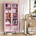 INTERGREAT 67” H Glass Display Cabinet, Metal Curio Cabinet with Tempered Glass Doors & Adjustable Shelves, Metal Storage Cabinets for Living Room, School, Plant, Pink, Assembly Required