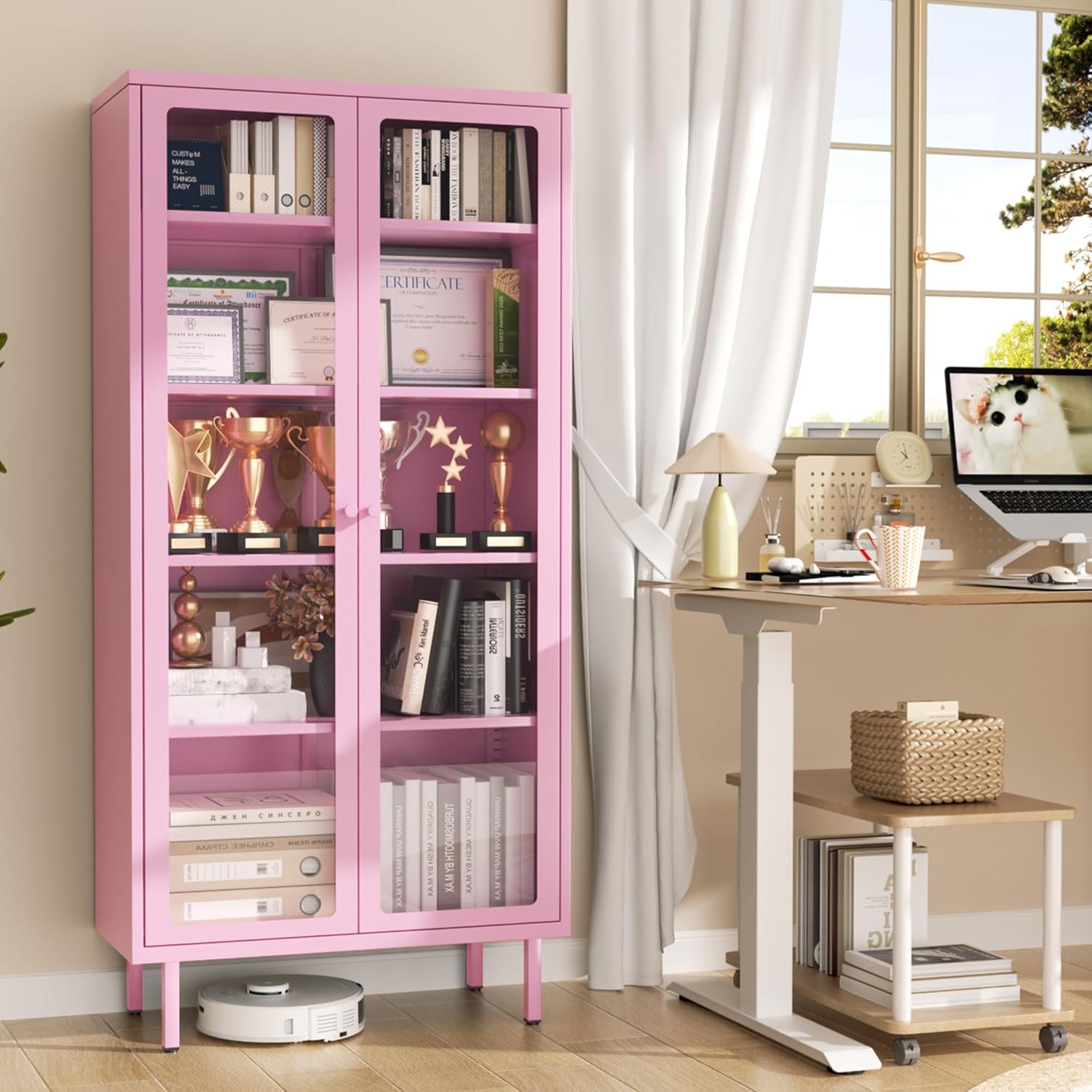 INTERGREAT 67” H Glass Display Cabinet, Metal Curio Cabinet with Tempered Glass Doors & Adjustable Shelves, Metal Storage Cabinets for Living Room, School, Plant, Pink, Assembly Required