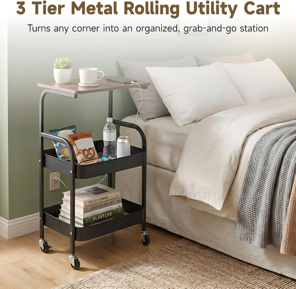ZALIR 3 Tier Metal Rolling Utility Cart, Movable Storage Trolley with Wooden Table Top, Lockable Wheels, Multifunctional Organizer for Kitchen, Bathroom, Living Room & Bedroom (Black)