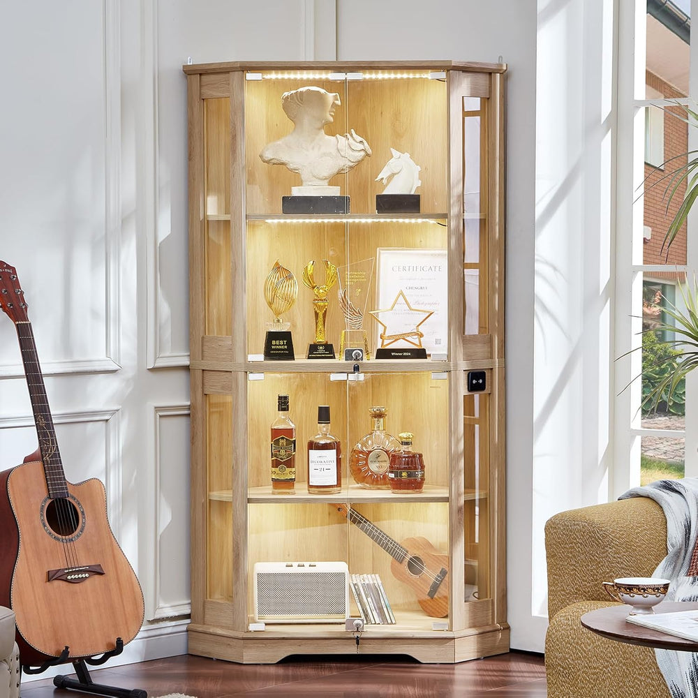 LELELINKY Farmhouse Corner Display Cabinet with Glass Doors, Corner Curio Cab...