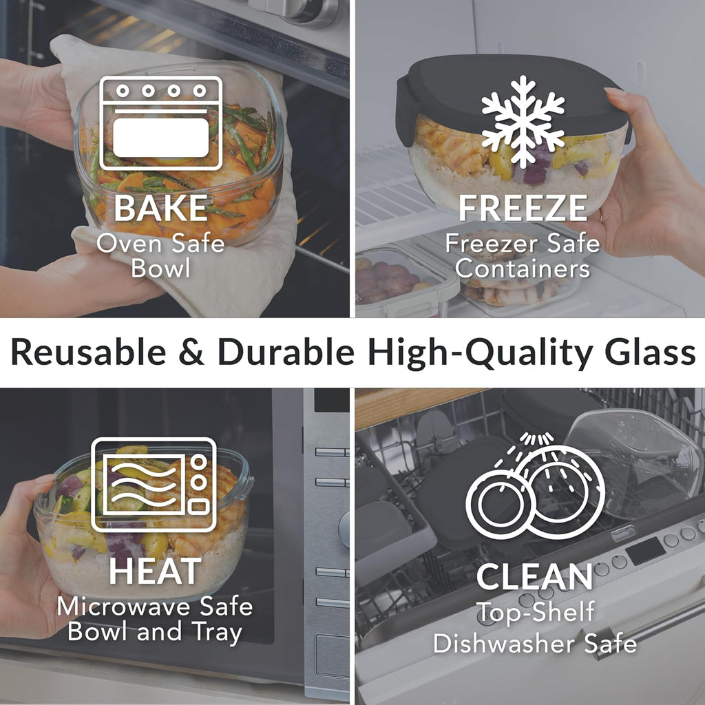 Bentgo Glass All-in-One Salad Container - Large 61-oz Salad Bowl with Lid, 4-Compartment Bento-Style Tray, 3-oz Sauce Container, and Reusable Fork - Dishwasher, Microwave, and Oven Safe (Black Onyx)