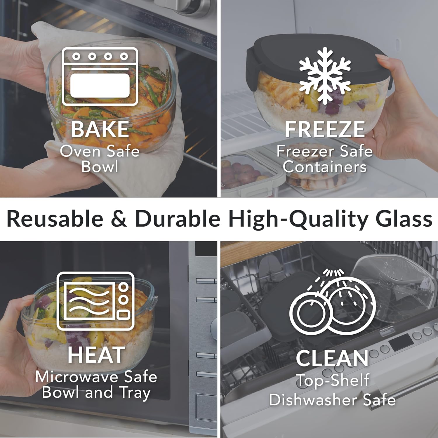 Bentgo Glass All-in-One Salad Container - Large 61-oz Salad Bowl with Lid, 4-Compartment Bento-Style Tray, 3-oz Sauce Container, and Reusable Fork - Dishwasher, Microwave, and Oven Safe (Black Onyx)