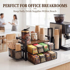2 Tier Large Tea Bag Organizer with 16 Compartments, Side Cup Holder, Wood and Metal Coffee Bar Storage Station with Pull out Drawers and Top Tray for Countertop Kitchen Office, Rustic Brown