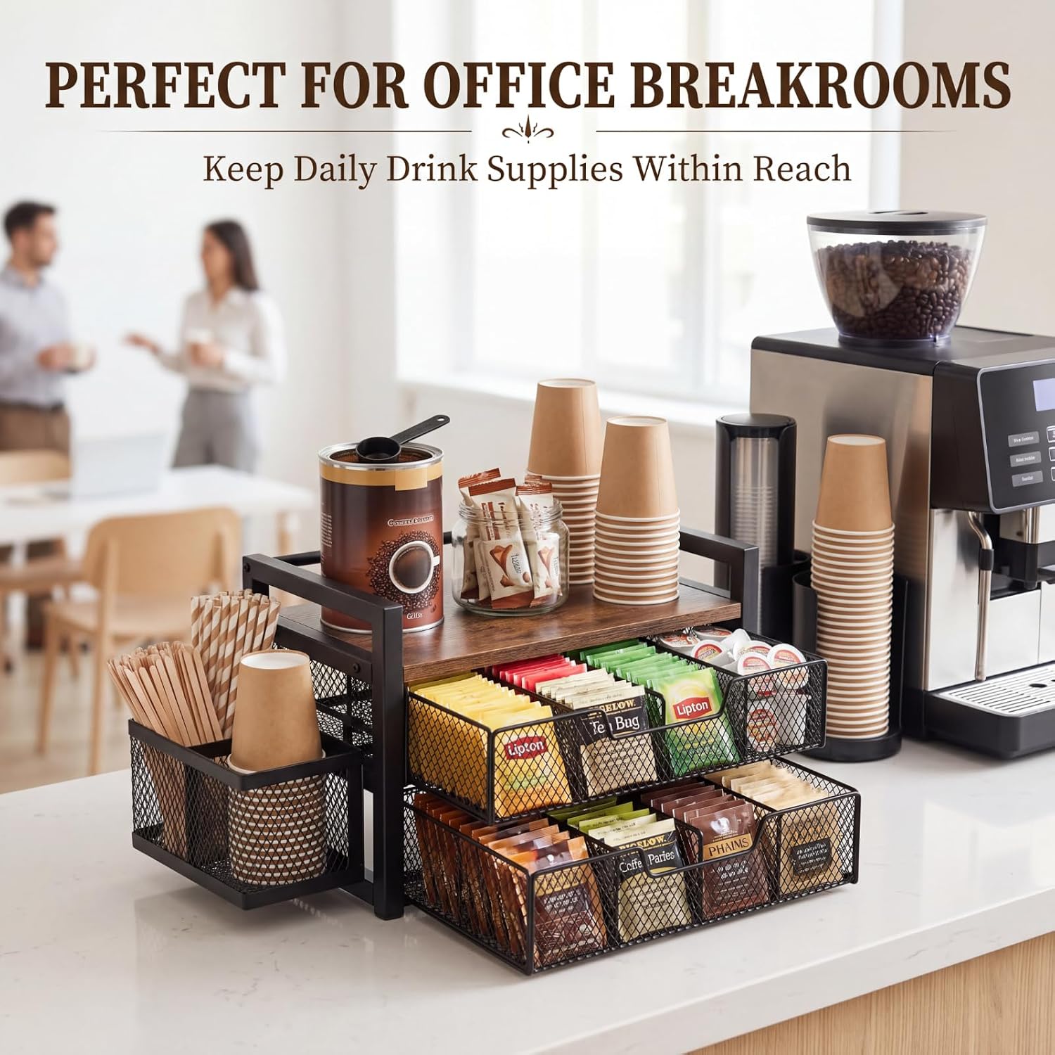 2 Tier Large Tea Bag Organizer with 16 Compartments, Side Cup Holder, Wood and Metal Coffee Bar Storage Station with Pull out Drawers and Top Tray for Countertop Kitchen Office, Rustic Brown