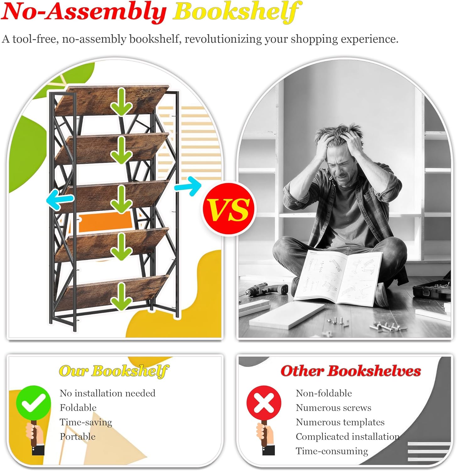 UDD No Assembly Wide Folding Bookshelf, 64.3" H x 30.9" W, 5 Tier Foldable Book Shelf Industrial Bookcase, Vintage Collapsible Storage Shelves for Home Office Living Room Bedroom, Rustic Brown Black