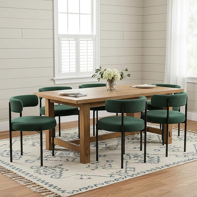 Boucle Dining Chairs Set of 4, Green Dining Chairs with Upholstered Seat and Round Back, Mid-Century Modern Kitchen Chairs for Dining Room, Restaurant