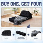 Folding Sofa Bed, Flannel Futon Couch Bed with Pillow and Blanket, Convertible Sleeper Chair for Small Space Apartment Guest Room, Black