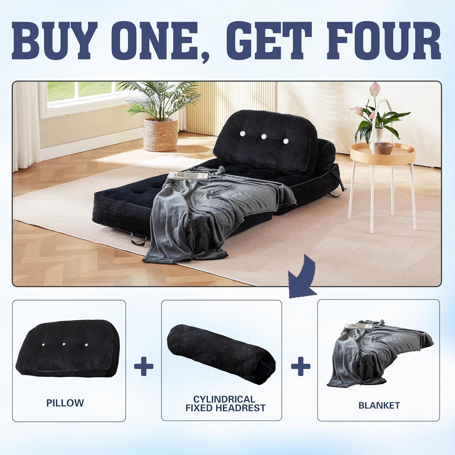 Folding Sofa Bed, Flannel Futon Couch Bed with Pillow and Blanket, Convertible Sleeper Chair for Small Space Apartment Guest Room, Black