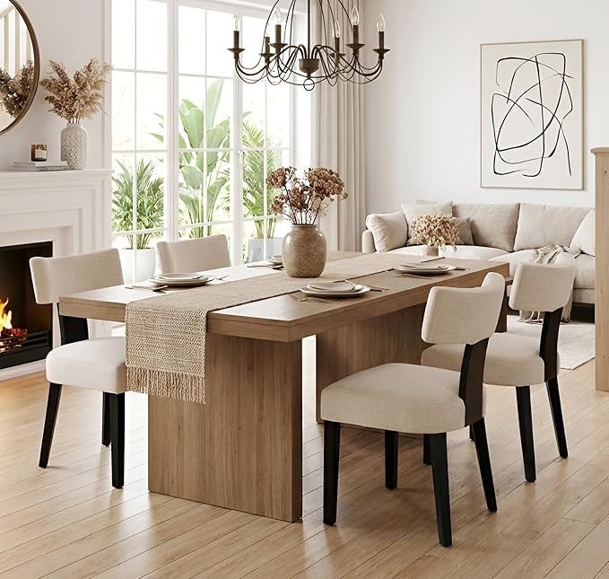 Mid Century Modern Dining Chairs Set of 4, Upholstered Linen Wood Dining Room Chairs, Farmhouse Kitchen Accent Armless Side Chair with Curved Back for Living Room, Beige