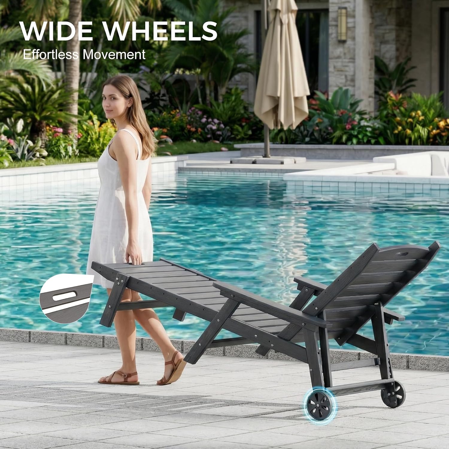 WACASA HDPE Pool Lounge Chairs with Wheels & Cup Holder, 6-Position Adjustable Outdoor Lounge Chair, Easy 20-Min Assembly, 450LBS Bearing, Patio Lounger Recliner for Poolside, Deck, Backyard (Grey)
