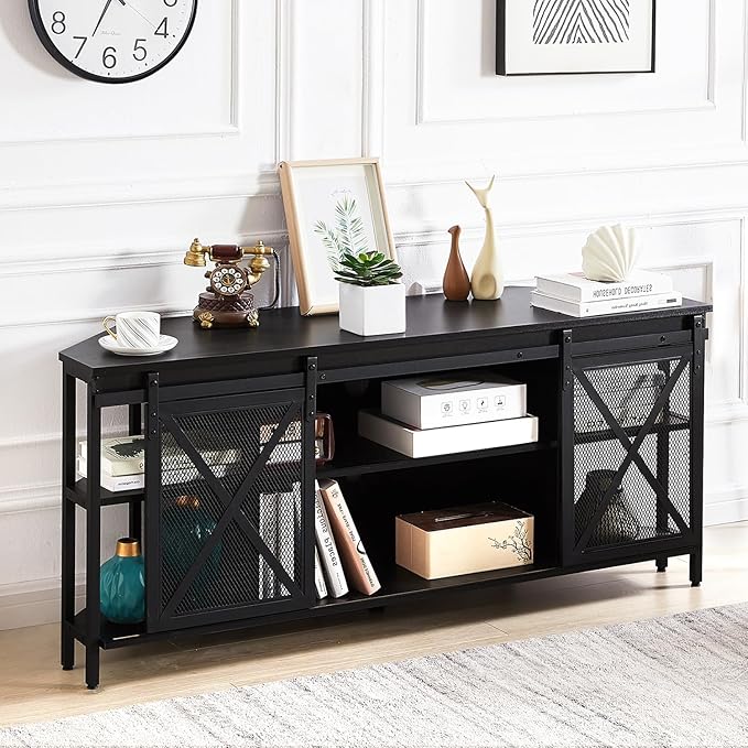 HOMISSUE Corner TV Stand for 55 Inch TV, Rustic Corner Entertainment Center with Storage, Industrial Media Console Table with Sliding Barn Door, Entertainment Center for Living Room, Black