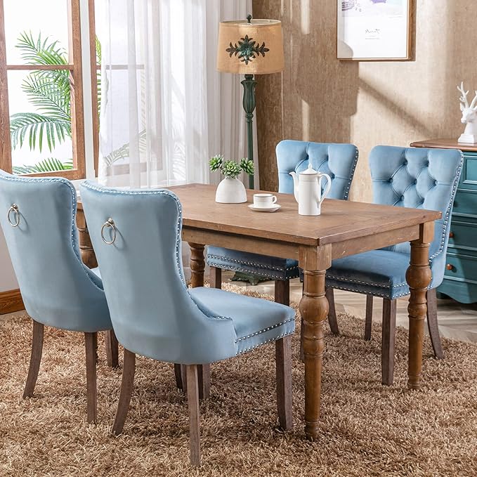Modern Dining Chairs Set of 2, Tufted Upholstered Dining Chair with Solid Wood Legs, Light Blue Velvet Accent Chair, Sillas de Comedor, Comfy Kitchen Chairs (Light Blue, Velvet, 2Pcs)