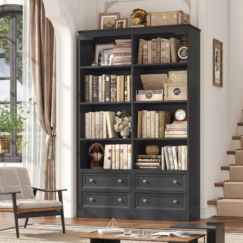 FINETONES 71" Tall Bookshelf with 4 Drawers Black Bookshelf Office Bookcase