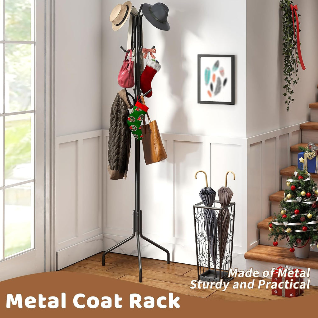 Coat Rack Freestanding Coat Tree Standing Coat and Hat Hanger Jacket Organizer Rack Metal,18.3" L x 18.3" W x 71.5" H, Black
