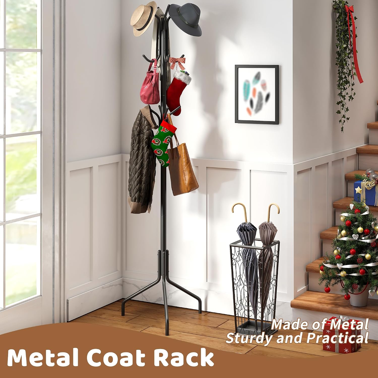 Coat Rack Freestanding Coat Tree Standing Coat and Hat Hanger Jacket Organizer Rack Metal,18.3" L x 18.3" W x 71.5" H, Black