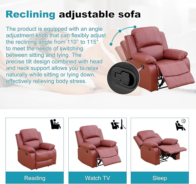 Recliner Sofa Set Couches for Living Room Chair Semi PU Fabric Living Room Furniture Sets, Adjusted Reclining Couch Furniture Sofa Set for Theater Seating, Red