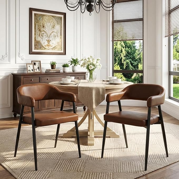 HNY Modern Dining Room Arm Chairs Set of 2, Retro Faux Leather Upholstered Barrel Dining Chairs with Arms Mid-Century Brown Accent Chair with Metal Legs, Open-Back Kitchen Side Chair for Living Room