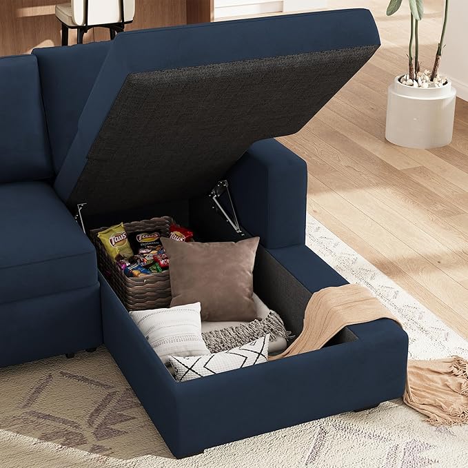 HONBAY Sleeper Sectional Couch with Pull-Out Bed Sectional Sleeper Sofa Pull Out Bed with Storage Chaise, 6 Seaters Couch for Living Room, Velvet Blue
