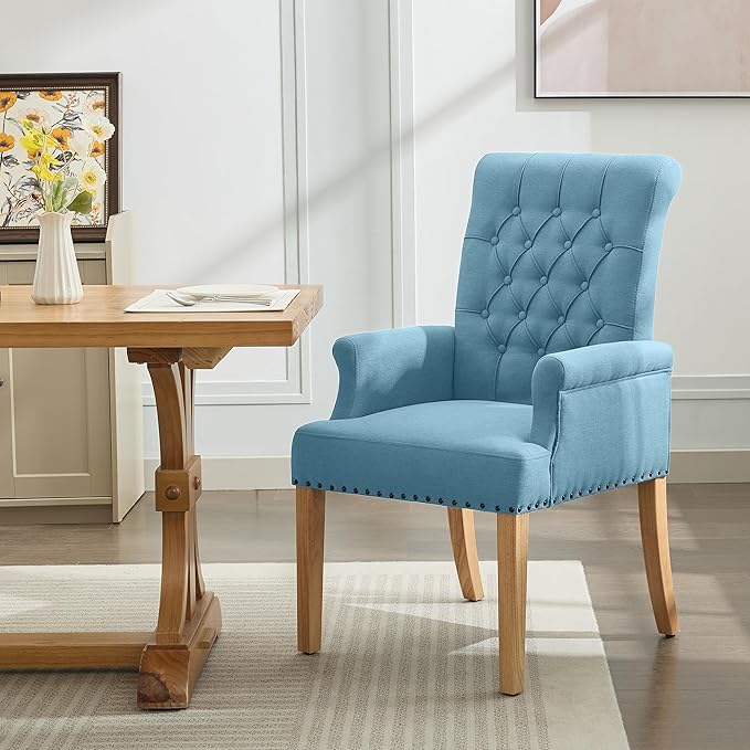 Fabric Dining Chair with Arms, Upholstered Tufted High Back Dining Room Chair...