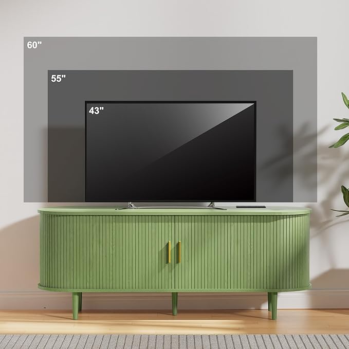 DHH 55 Inch Mid Century Modern TV Stand with Power Outlet for TVs up to 60 Inch, Entertainment Center with Storage and Adjustable Shelves, Media Console with Sliding Doors for Living Room(Green)