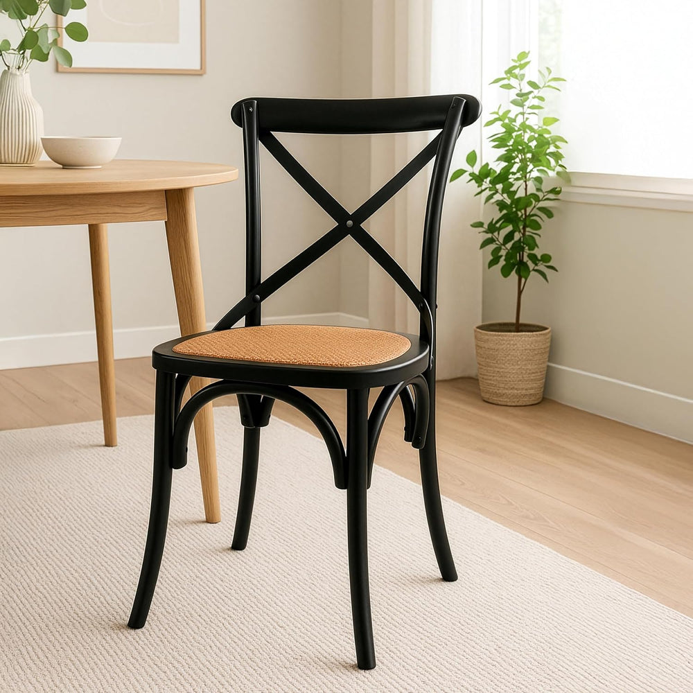 2xhome Wooden X Back Dining Chair | Woven Rattan Seat with Metal Cross Back |...