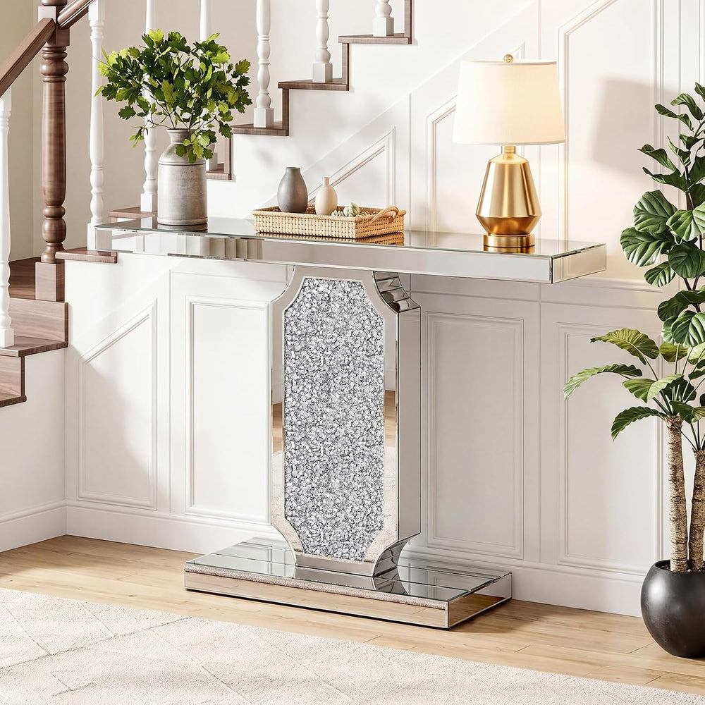 Silver Mirrored Console Table with Crushed Diamond Inlay, 39.4'' Long...