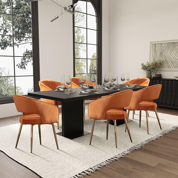 Orange Velvet Dining Chairs Gold Legs, Modern Dining Room Chairs with Arms Set of 6 Upholstered Accent Chair Armchair with Barrel Back for Kitchen Living Room