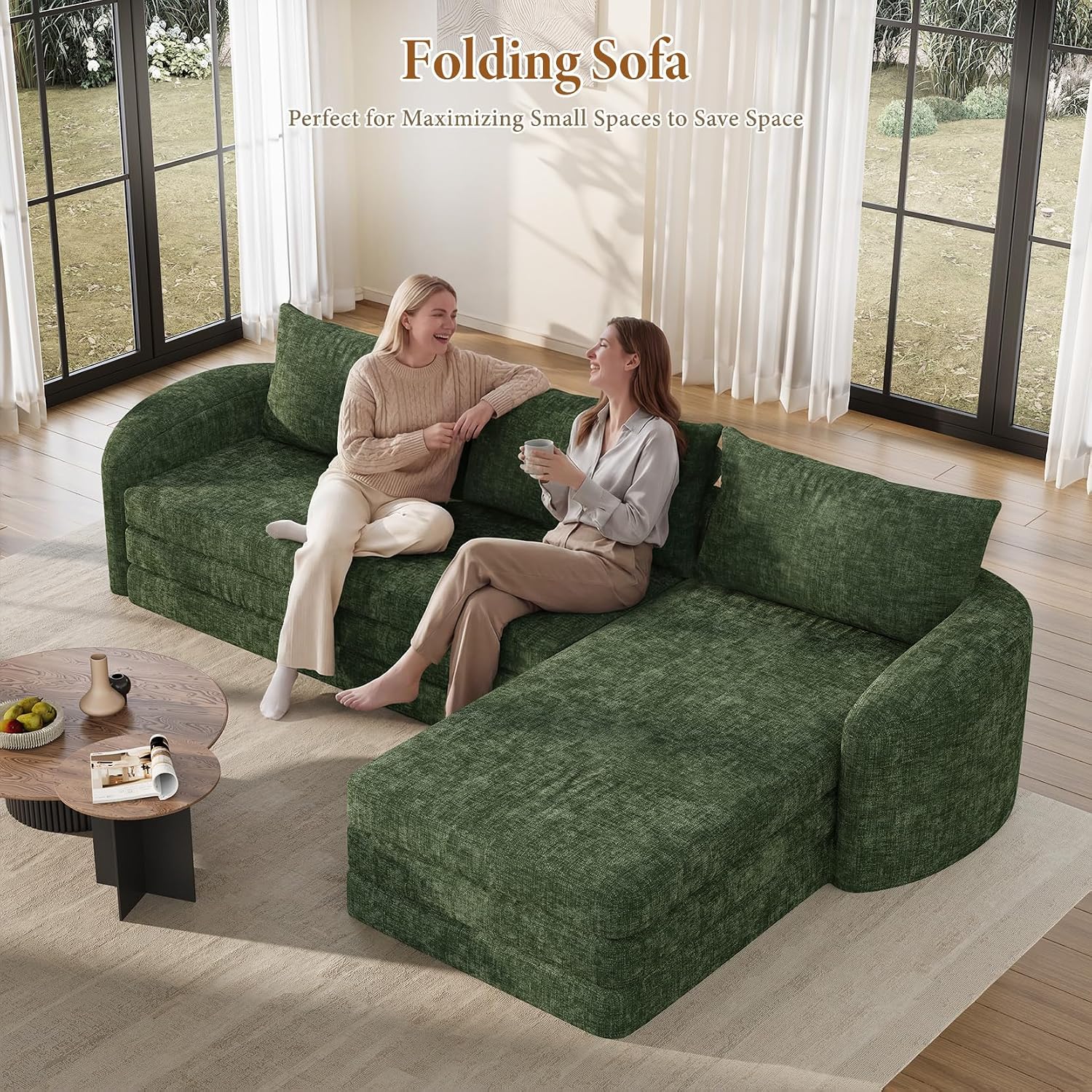Vesgantti 6 in 1 Convertible Folding Sofa Bed, Futon Sectional Couch, Green | 110.2" L Shaped Modular Sleeper Sofa, Curved Armrest, Deep Seat Boneless Couches for Living Room, Chenille, Right Facing