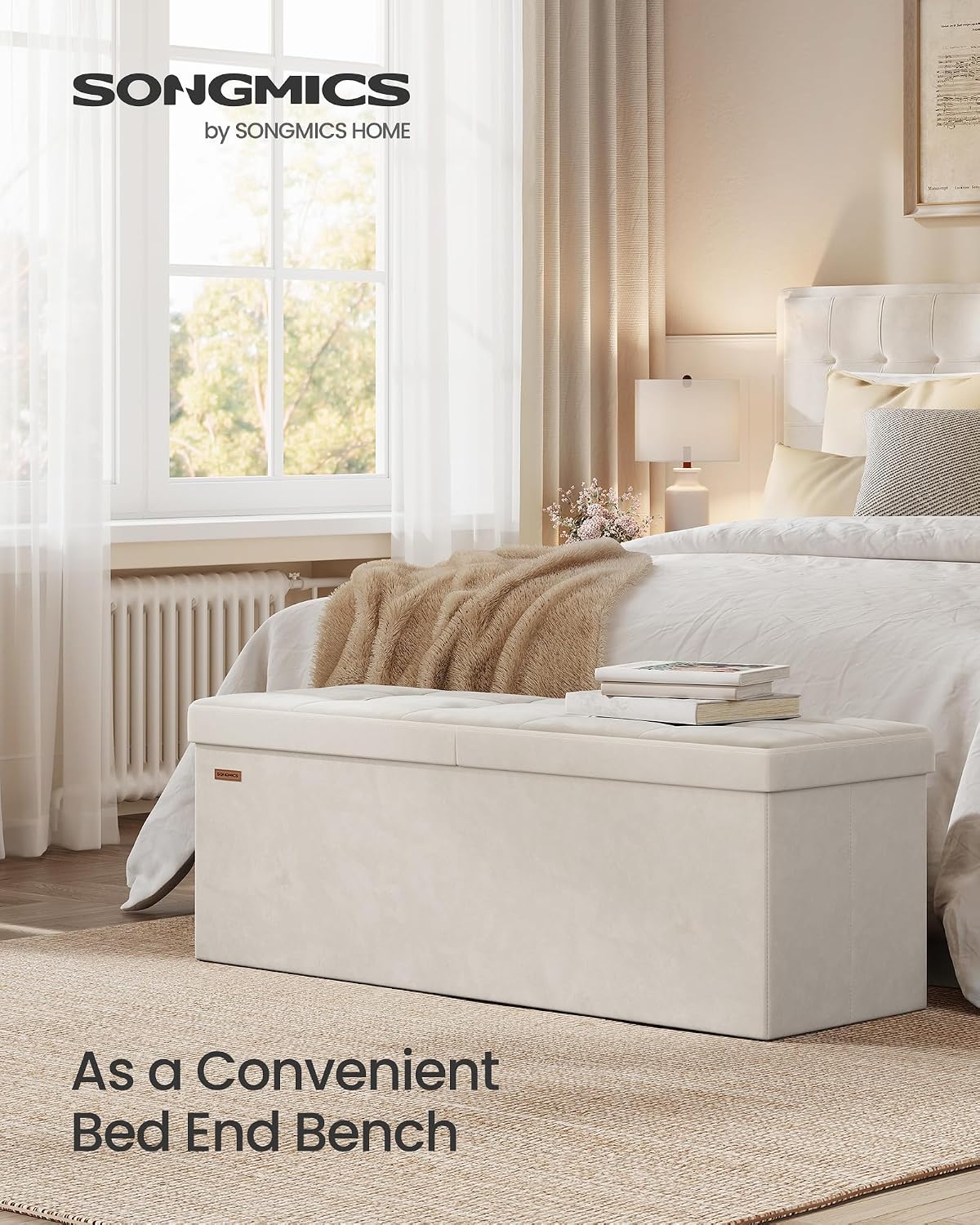 SONGMICS Mazie Collection - 43 Inches Storage Ottoman, Foldable Storage Bench with Flipping Lid, 660 lb Load Capacity, for Entryway, Living Room, Bedroom, Velvet Fabric, Cream White ULSF078LH01
