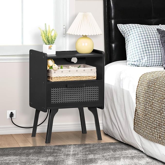 Lerliuo Rattan Nightstand with Charging Station, Side Table with Drawer Open ...