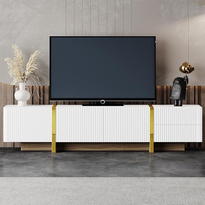 Ball & Cast Luxury Fluted TV Stand with Storage Cabinets for TVs up to 80", Modern Entertainment Center w/2 Drawers & Golden Wood Grain Leg, Media Console for Living Room,Bedroom,White