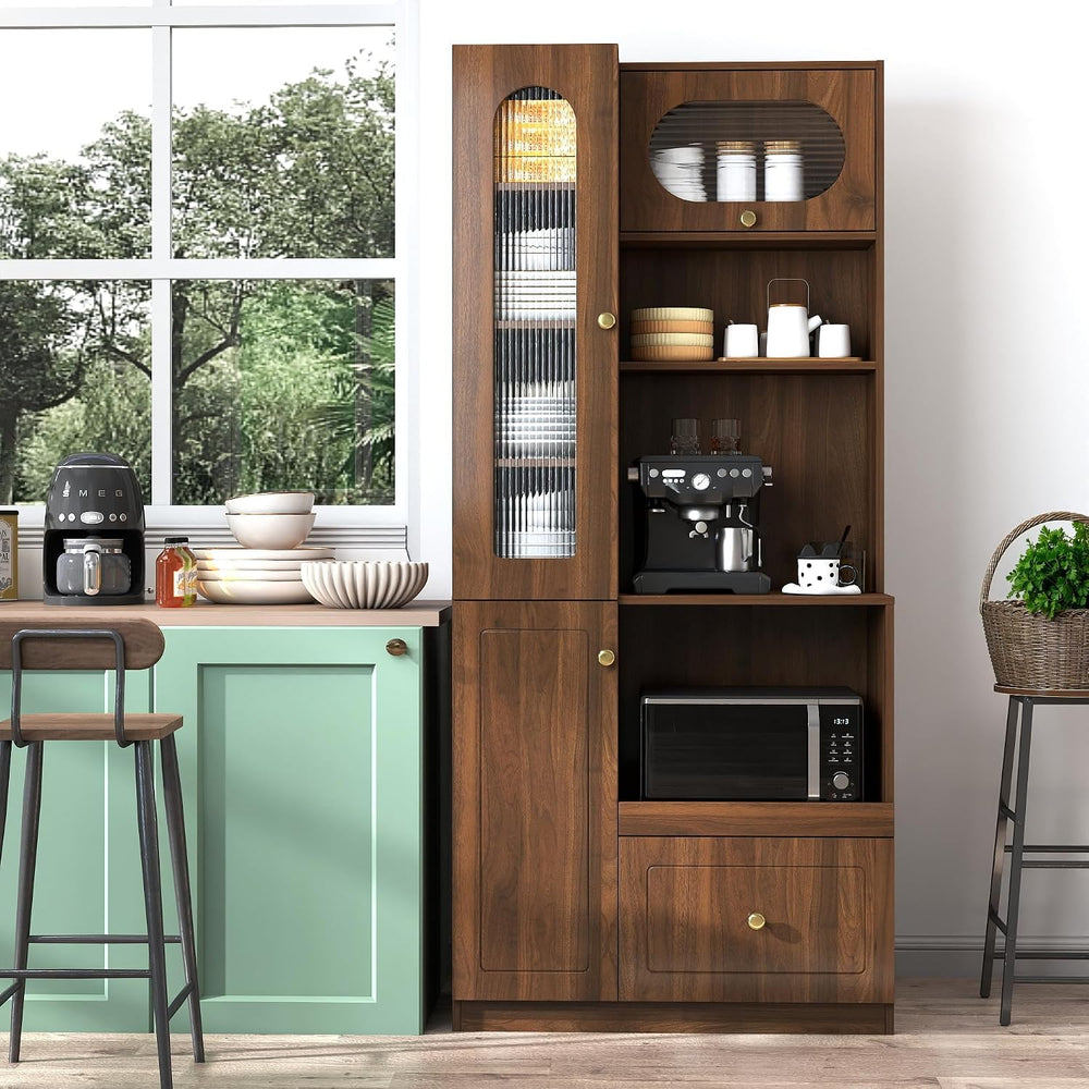KEIKI 70.87" H Tall Kitchen Pantry Storage Cabinet with Countertop, Glas...