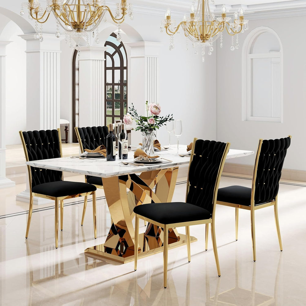 Modern Dining Chairs Set of 4, Black Velvet Woven Kitchen Chair with Golden M...