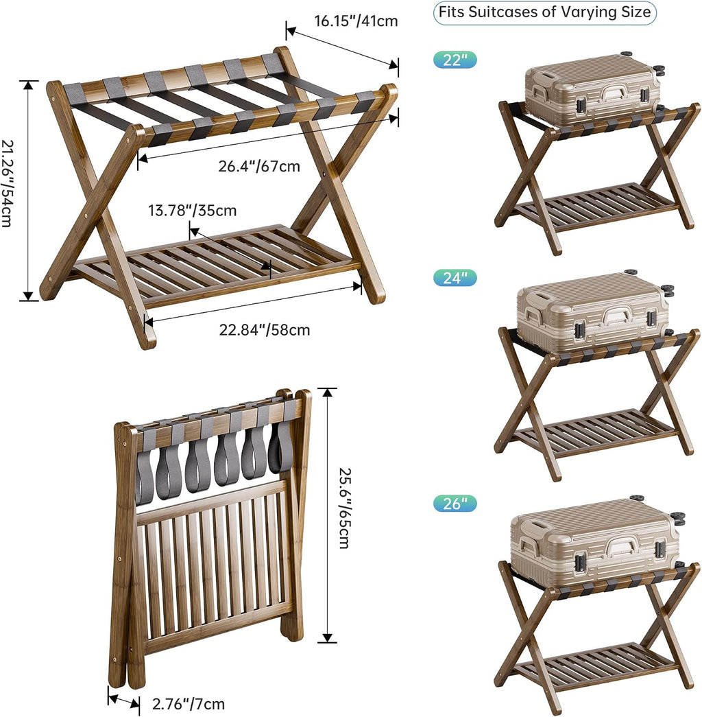 SMIBUY Luggage Rack, Set of 2, Foldable Bamboo Suitcase Stand with Storage Shelf for Guest Room, Bedroom, Hotel, Heavy-Duty (Walnut)