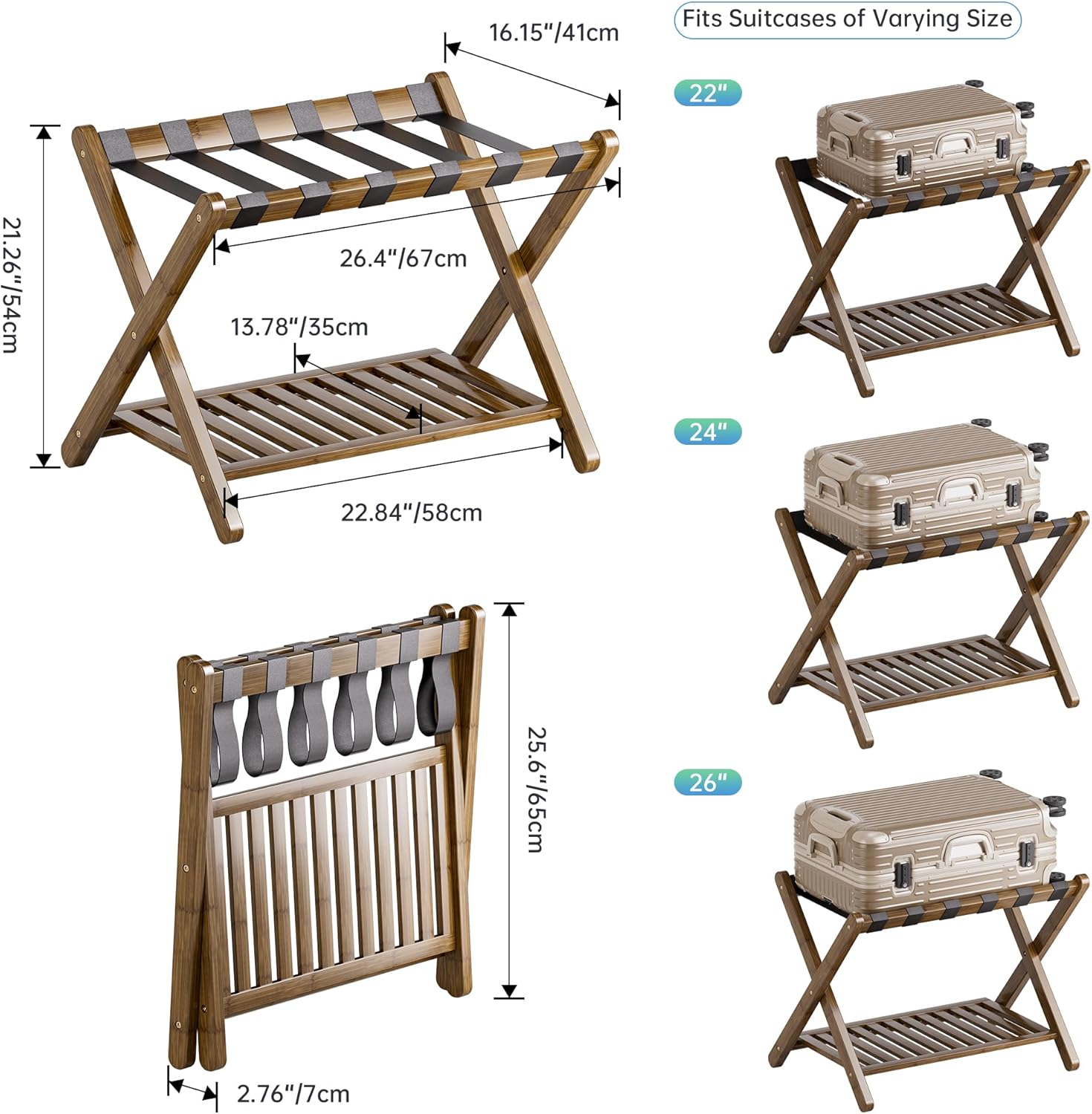 SMIBUY Luggage Rack, Foldable Bamboo Suitcase Stand with Storage Shelf for Guest Room, Bedroom, Hotel, Heavy-Duty, 1 Pack (Walnut)