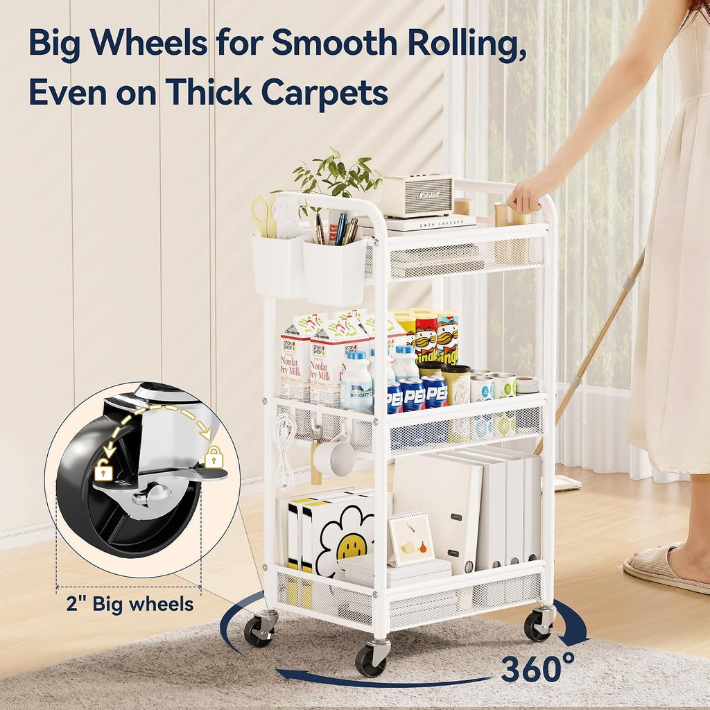 YASONIC 3 Tier Metal Rolling Cart, White Utility Storage Cart with Wheels | Metal Mesh Craft Cart With Hooks & Hanging Cups, Ideal For Kitchen, Bathroom, Office, Dorm, Art Workspace, Bedside Storage