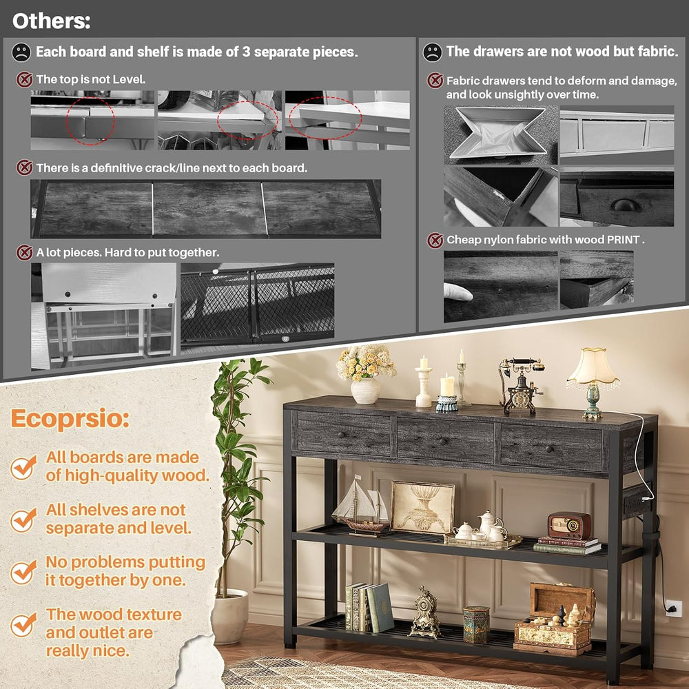 Ecoprsio Entryway Table with Power Outlets, 47" Console Table with Drawe...